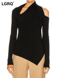 2023 Autumn New Fashion Women's Tops New Asymmetrical Long Sleeve Hollow Out Irregular Slim Knitting Sweater Female