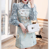 Runway Women Lace Splicing Embroidery Butterfly Mini Dresses Female Elegant Beading Peter Pan Collar A-Line Party