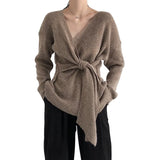 Korean Style Chic New Women Elegant V-Neck Bandage Long Sleeve Sweater Female Loose Casual Knitwear Female Fashion Knitted