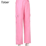 Pink Wide Leg Baggy Mom Jeans Women Low Waist Korean Fashion Denim Trousers Big Pockets Cargo Pants Hippie