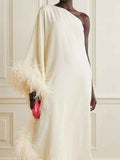 patchwork feathers dress for women Diagonal collar off one shoulder high waist loose Asymmetrical midi dress