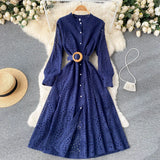 2022 Spring Women Dress Vintage Long Sleeve Single Breasted Hollow Out Solid Dresses A-line Casual Holiday Midi