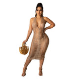 Sexy Hollow Out Crochet Knitted Beach Dress Women Summer Vacation Outfits 2021 Open Back Halter Midi Dresses