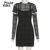 Black Mesh Plaid Dress 3 Piece Set Dark Academia Mall Goth Sexy Bodycon Mini Dress Egirl Style Clothes