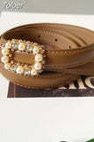 Fashion Women's PU Leather Belt Diamond Decoration Pearl Dress Belt Solid Color Belts All Season 2023 Trend New