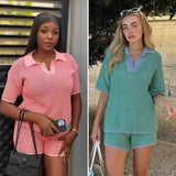 Shirt Loose Blouse Draw Rope Shorts Knitted Women's Two-Piece Fashion