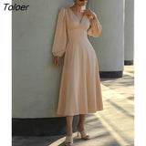 Elegant Satin Lantern Sleeve Dress For Women V Neck Solid Long Sleeve Sexy Dresses 2023 Casual Chic Midi Slim Dress