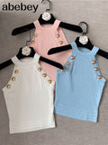 Quality 2022 Summer New Hollow Out Womens Tank Tops Thin Knitted Sleeveless Sexy Tops Golden Buttons Camisole Women