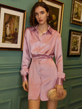 Pink Casual Mini Dress For Women Lapel Long Sleeve High Waist Solid Minimalist Dresses Female Spring Clothing
