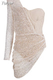 Women Bandages Dress Sexy Sequins One Shoulder Patchwork Clothes 2023 New Celebrity Party Club Mini