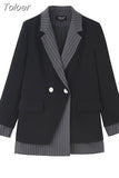 Fashion Women's Double Blazer Notched Loose Long Sleeve Irregular Patchwork Striped Suit Jackets Spring 2023 New