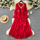 High-End Elegant Dress Women Fashion Heavy Industry Embroidery Stender V Collar Waist Temperament Court Style Long