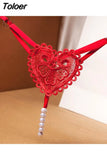 Love Heart Pearl Massuge Lace Thong Low Waist Transparent Sexy Underwear G-String Fashion Women Lingerie Panties Briefs