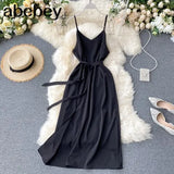 Style Sexy V-neck Slit long Dress Women's Summer elegant Plain Lace-up Waist Dress Office