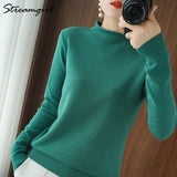 Pullover Women Vintage Sweater Spring Winter Half Turtleneck Woman Sweaters Retro Green Warm Knitted Women