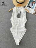 Mesh Sexy Halter Playsuits Women Backless Lace Up Inside Wear Thin Slim 2022 Fashion Solid Strapless Summer