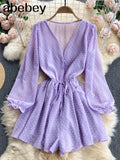Women Dot Chiffon Rompers Long Sleeve V Neck Casual Loose Overalls Jumpsuits Summer Korean Wide Leg Beach
