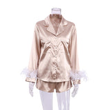 Wear Women Soft Feather Home Suit Button Up Top Slim Pants Two Piece Set 2022 Casual Pajama Elegant Lady Homewear