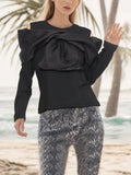 Toloer 2024 New Splice Bow Small Design Sense Black Long-Sleeved T-Shirt Female Careful Machine Off The Shoulder Coat-Outfit