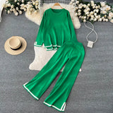 Women Casual Knitted Suits O Neck Long Knit Top+Split Wide Leg Pant Female Fashion OL Sweater Two Pieces