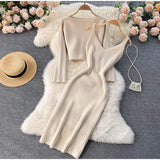Beading Knitted Women Sets Loose Long Sleeves Sweater+ Solid Elastic Dress French Style Casual Two Piece