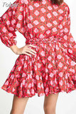 Casual Print Dress For Women O Neck Long Lantern Sleeve Bandage Bow High Waist A Line Dress Female Fashion New 2023
