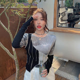 Tie-dye Color Matching Irregular T-shirt Women Sexy Slim Crop Top Chic Design Korean Style Long Sleeve T-shirt