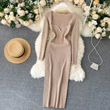 For Women 2022 Sexy Strapless Ribbed Knitted Bodycon Dress Women Winter Long Sleeve Midi Sweater Dress