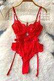 Sexy Women See Through Mesh Lace Bodysuits Black Red Spaghetti Strap Sleeveless Chain Decoration Body Femme