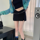 E Girl Black Mini Skirt Women Punk Sexy Chain Belt Slit Korean Cute High Waist A-line Micro Skirt Y2K Skort