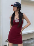 Red Sexy Bodycon Dress Women Korean Fashion Vintage Preppy Summer Slim Sleeveless Casual Spaghetti Strap Mini