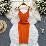 Backless Sleeveless Women Knitted Dress Slim Solid Gentle Fashion 2022 Summer V Neck Ladies A Line Midi