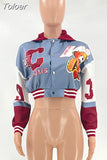 Women Baseball Varsity Bomber Cropped Jacket Hippie Hooded Collar Long Sleeve Color Block Patchwork Pocket Short