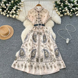 Belt Dress 2025 Summer To Collect Thin Temperament French Retro Short-Sleeved Print