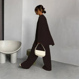 Crepe Split Wide Leg Pants Set Women Elegant Loose Long Sleeve O-Neck Top Pants Suit Female 2022 Spring Lady Fashion