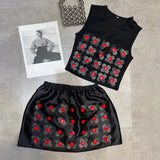 Slim Two Piece Set Women Round Neck Sleeveless Backless Tops High Waist Mini Skirt Patchwork Floral Sets Female