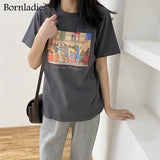 Oil Painting Print T-shirt Women Short Sleeve Loose 100% Cotton Shirt 2021 Female Basic Tops Summer Ladies Tees