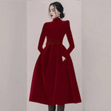 Winter Velvet Party Dress Runway Lady Fashion Vintage Elegant Stand Collar Long Sleeve Slim Waist Ball Gown Midi
