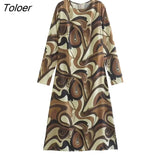 Vintage Women Long Sleeve Printed Dress Casual V-neck Lace-up Floral Long Dress Bohemian Fashion Vacation Beach