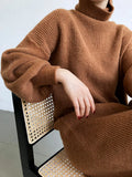 Women's Roll Collar Turtleneck Lantern Sleeves Knitted Dress Purple Gray White Brown Straight Sweater
