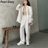 Office Lady Blazer Sets Loose Two Piece Set Women Korean Style High Waist Wide Leg Trousers Pants Suits Casual Suit Coat 2