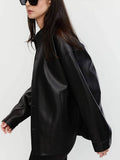 Winter Black Leather Jacket Women Loose Thin Moto Turndown Collar Jacket Fashion Button Streetwear Lady Outerwear