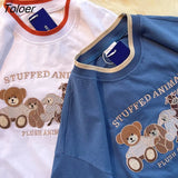 Harajuku Bear Embroidery American Retro Style T Shirts Women Overszied Tshirts 2021 New japanese style Teens Girls Cute