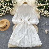 Spring And Summer New Lantern Sleeve Retro Hollow Lace Splicing Single Buckle Loose Lace Dress Dress