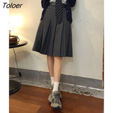 Knee Length Skirts Women Preppy Korean Style Solid High Waist with Belt All-match Y2k Clothes Design Harajuku Mujer