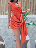 Fashion Women's Suit Evening Dress Sleeveless Double Breasted Large Hemline Pleated Orange Dresses Spring 2023 New