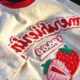 Flocking Embroidery Fruit Strawberry Cute T Shirts Sweet Ladies Tops Kawaii Clothes Loose Casual Summer Korean
