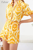 Loose Two Piece Sets For Women Lapel Short Sleeve Single Breasted Top Spliced Belt Wide Leg Shorts Print Set Female