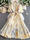 Retro-Print Collar Bubble-Sleeved Dress Women's Summer Straps To The Waists To Show A Thin Swollen