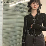Women Korean Style Trendy Design Slim Cropped Tops Black Turn Down Collar Long Sleeve Knitted Patchwork Street